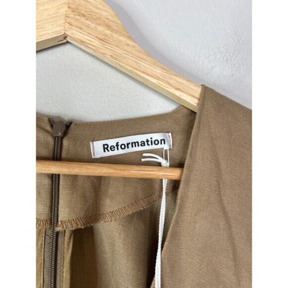 NWT Reformation Ty Button-Embellished Linen Kimono Sleeve Mini Dress Khaki - Picture 5 of 9